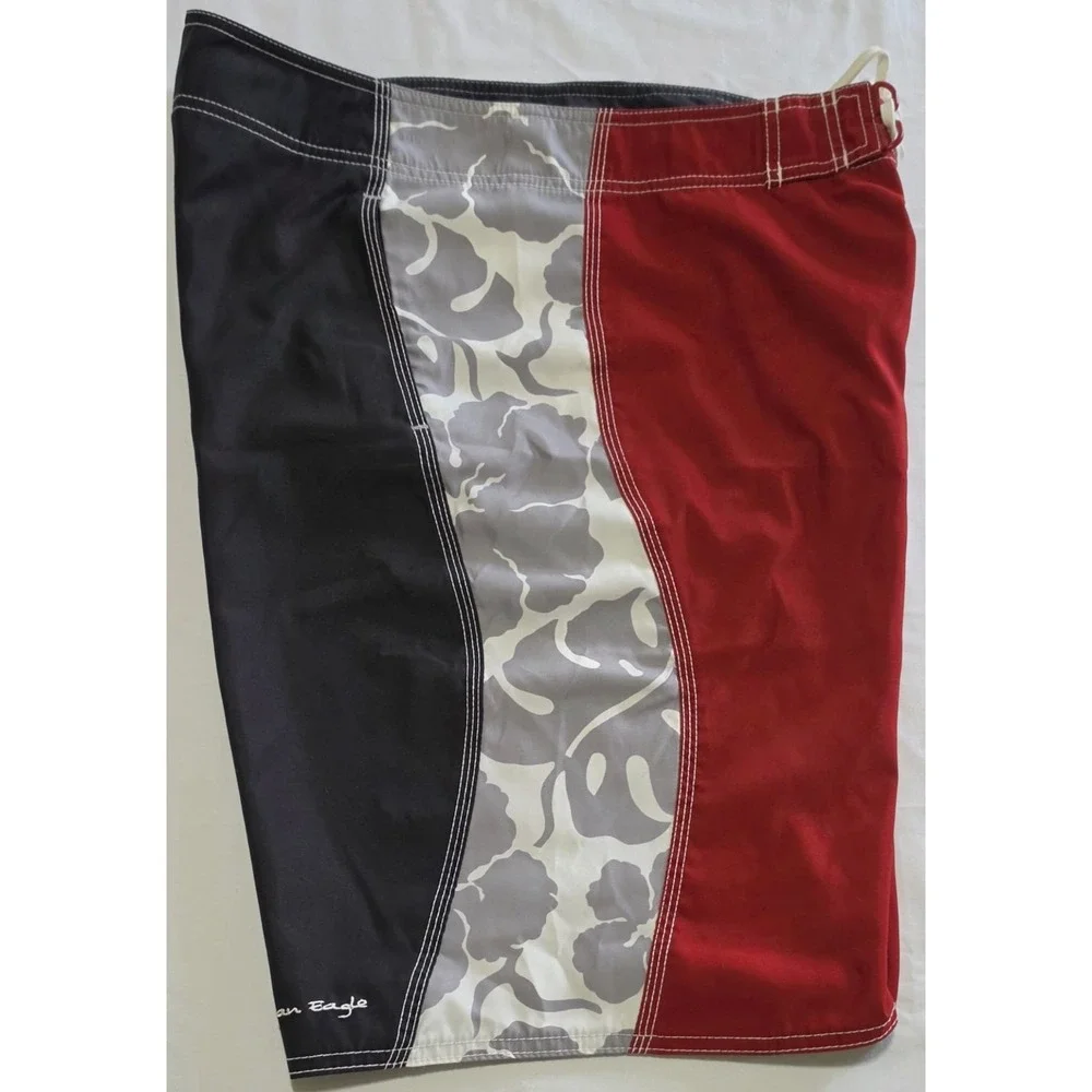 American Eagle Board Shorts Men 34 Red White Black Cargo Pocket Surf Swim Trunks